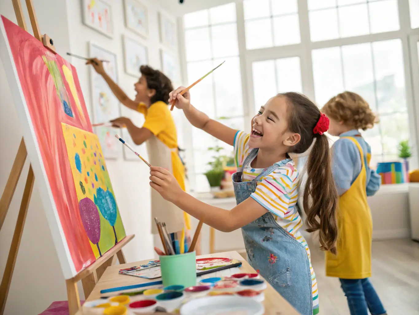 A vibrant image showcasing participants engaged in a hands-on art workshop at the Chateau, with easels, paintbrushes, and colorful artworks visible in the background.